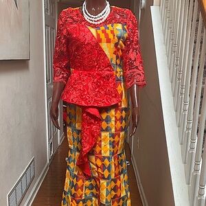 African Kente Red Multicolor Mixed Print Sweetheart Mermaid Dress - Authentic St